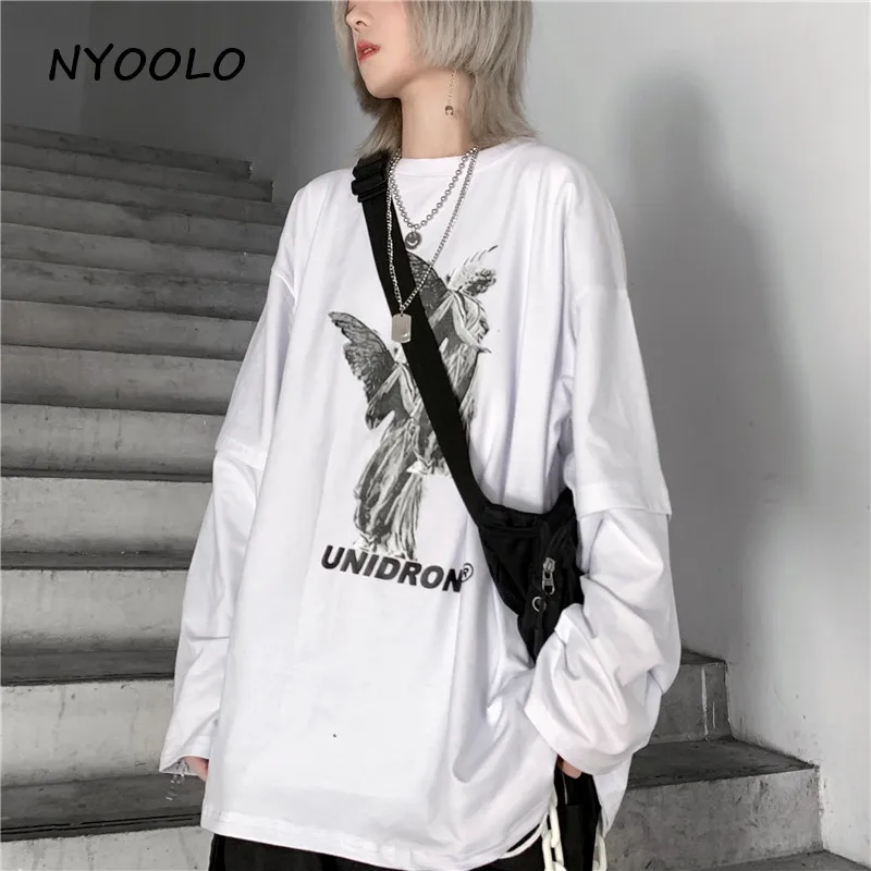 NYOOLO Harajuku стиль уличная винтажная свободная футболка с принтом ангела и буквами Топы Осенняя футболка с круглым вырезом и длинными рукавами для женщин и мужчин