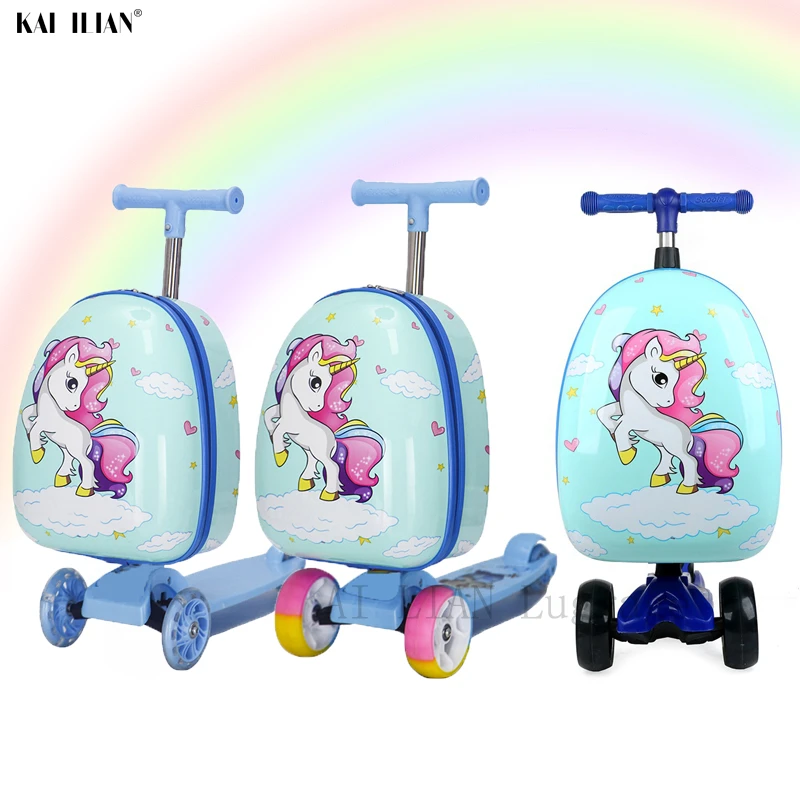 Kid Scooter Luggage Case ，20 Ride-on Scootcase for Boys Suitcase with Collapsible Scooter ，Cartoon Childrens Suitcase Baby Scooter Suitcase Trolley Case Slide Car Stand