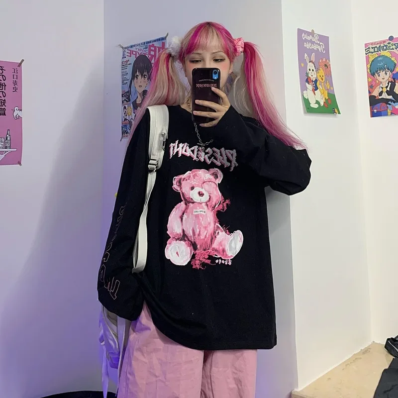 

Long Sleeve Round Neck Graphic T Shirts Casual Loose Graphic Tee Woman Tshirts Harajuku Black White Cotton Mid-length T-shirt