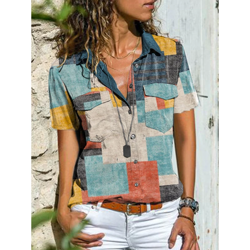 

Женская блузка на пуговицах в стиле ретро с цветным принтом, летняя рубашка с коротким рукавом и отложным воротником, Женский Топ, повседневная женская блуза