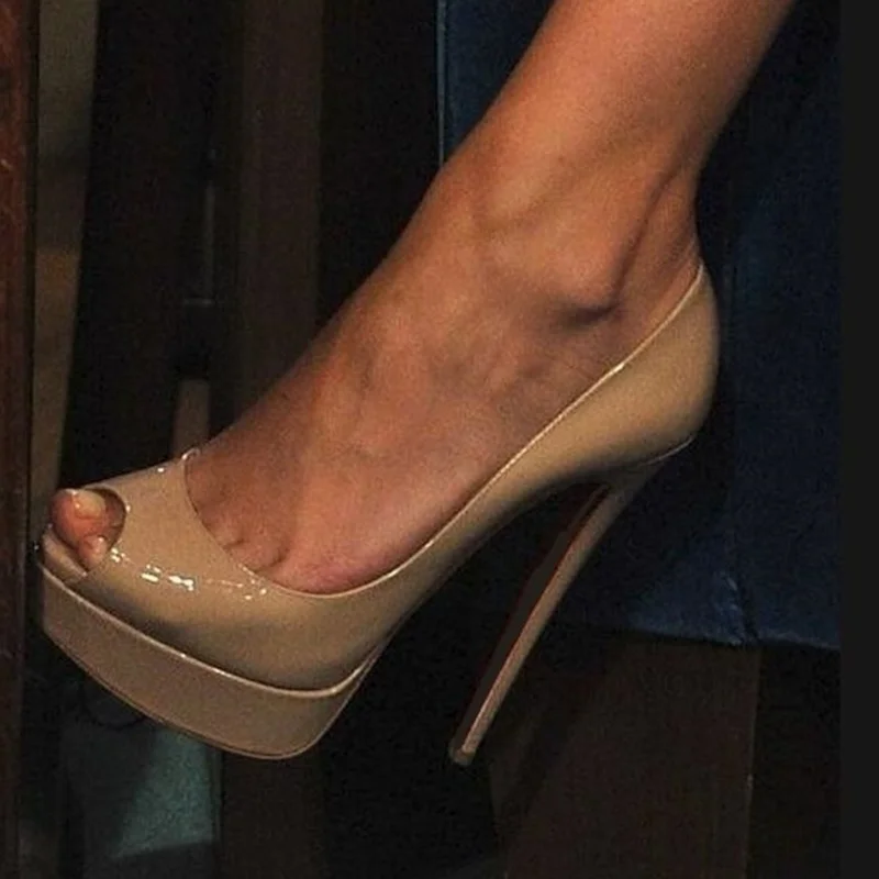 

Women High Heels Peep Toe Pumps Sexy Wedding Shoes Nude Black Patent Leather Platform Pumps Big Size 13 Real Photo