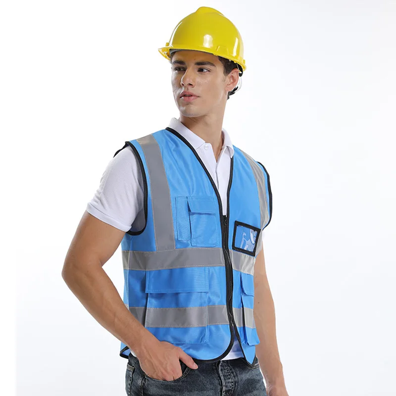 На заказ ваш логотип защитная спецодежда 5 карман высокая видимость жилет безопасности со светоотражающими полосками для работы на открытом воздухе - Цвет: Синий