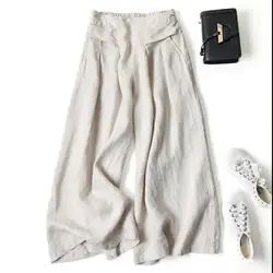 Pantalon d'été en coton et lin pour Femme, grande taille, jambes larges, Style artistique, taille élastique, couleur unie, décontracté, ample 