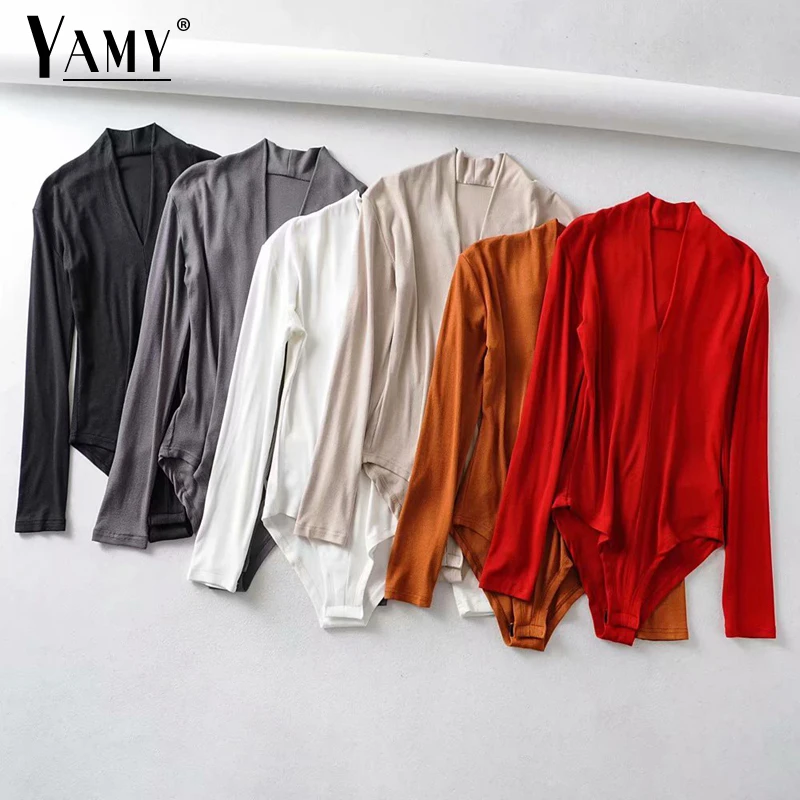 Bodysuit Women Tops Long-Sleeve Streetwear One-Piece White V-Neck Mujer Black Corset