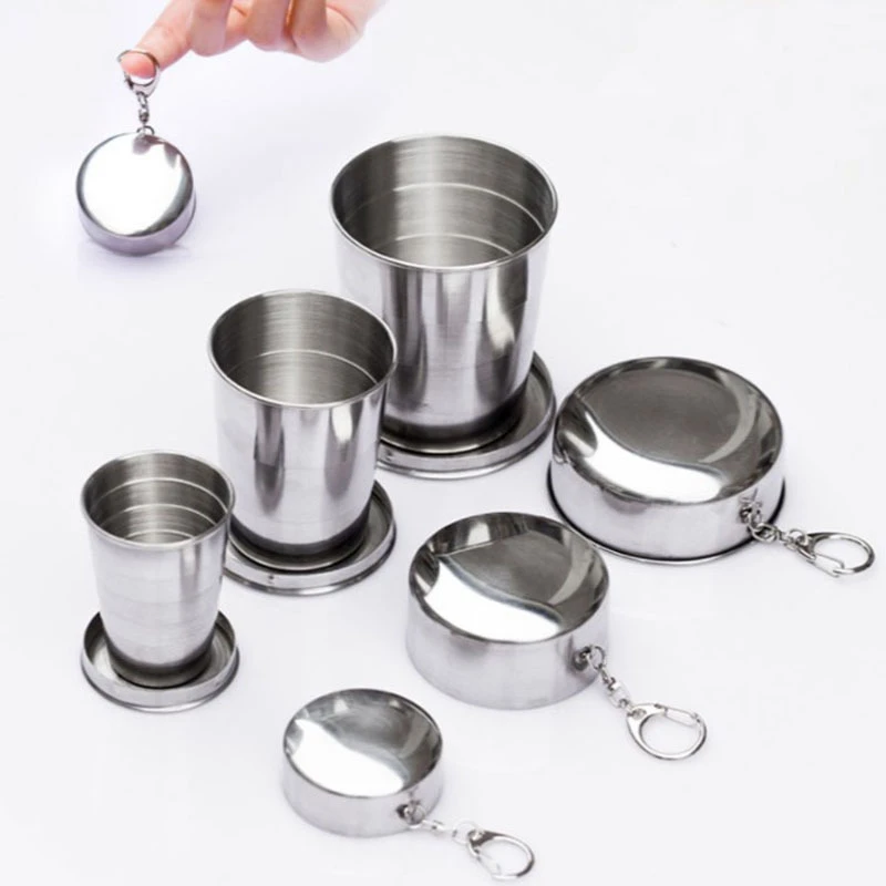 Metal Stainless Steel Folding Cup Keychain Portable Beer Tea Glass Water Foldable Retractable Travel Mug Collapsible Coffee Cup