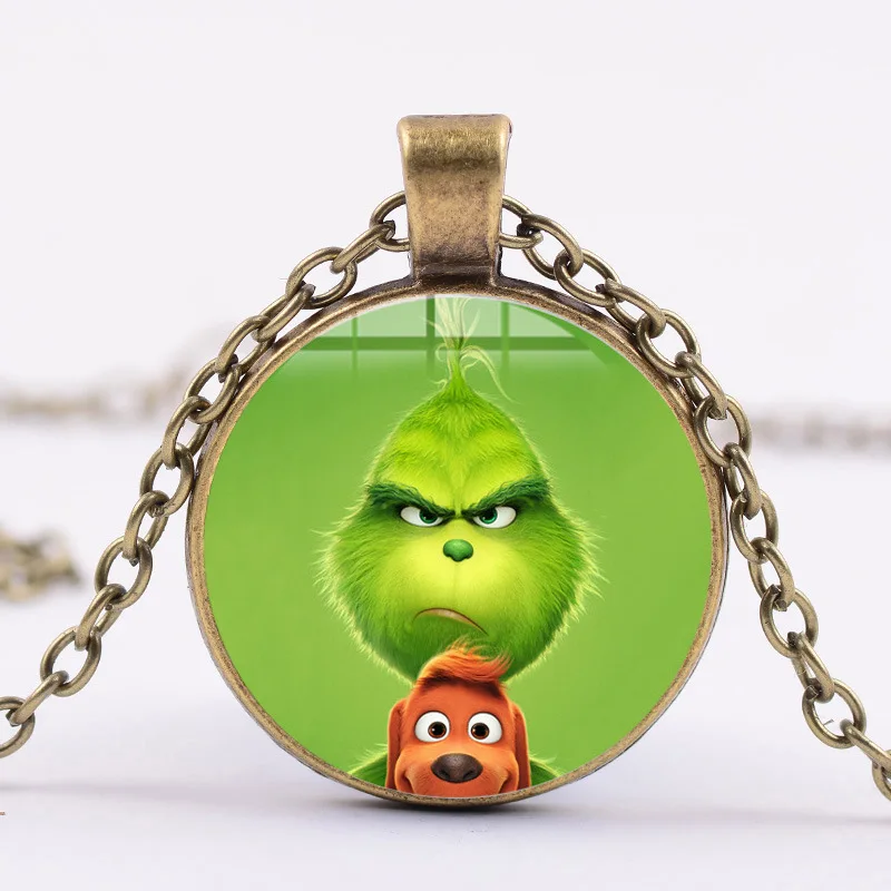 Рождественское ожерелье-гик Grinch, с изображением монстра, молодых зерен, с мультяшным принтом, стеклянный кабошон, драгоценное ожерелье, ювелирные изделия