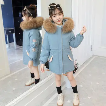 

Girls Winter Jacket 2020 New Korean Fashion Embroidered Cotton Coat Child Thick Large Fur Collar Cotton Clothes Winter Coveralls