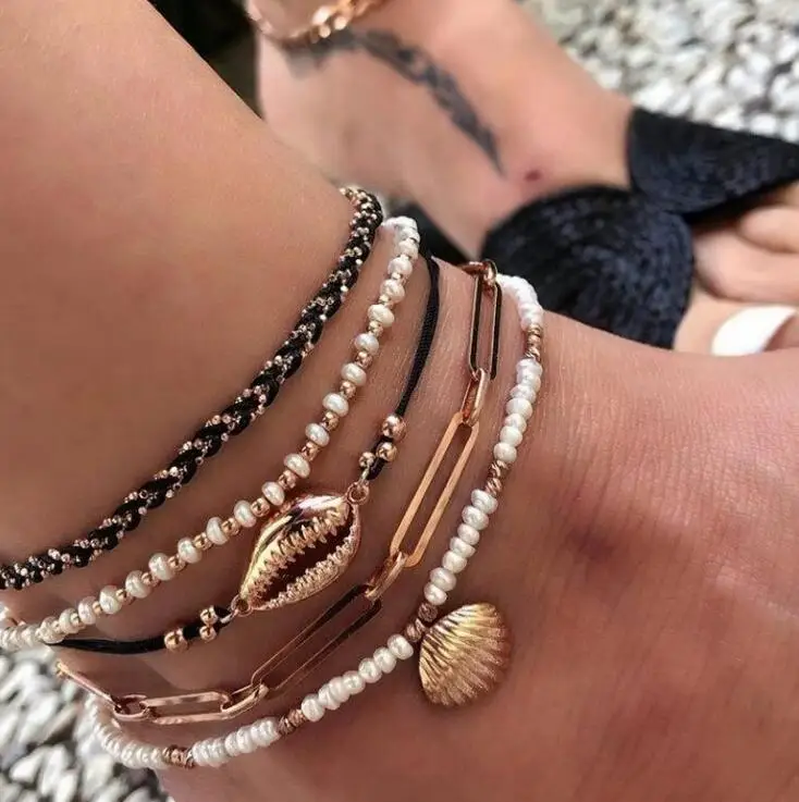 Бохо Золотой корпус Cowrie ножной браслет набор для женщин черный ткачество белый