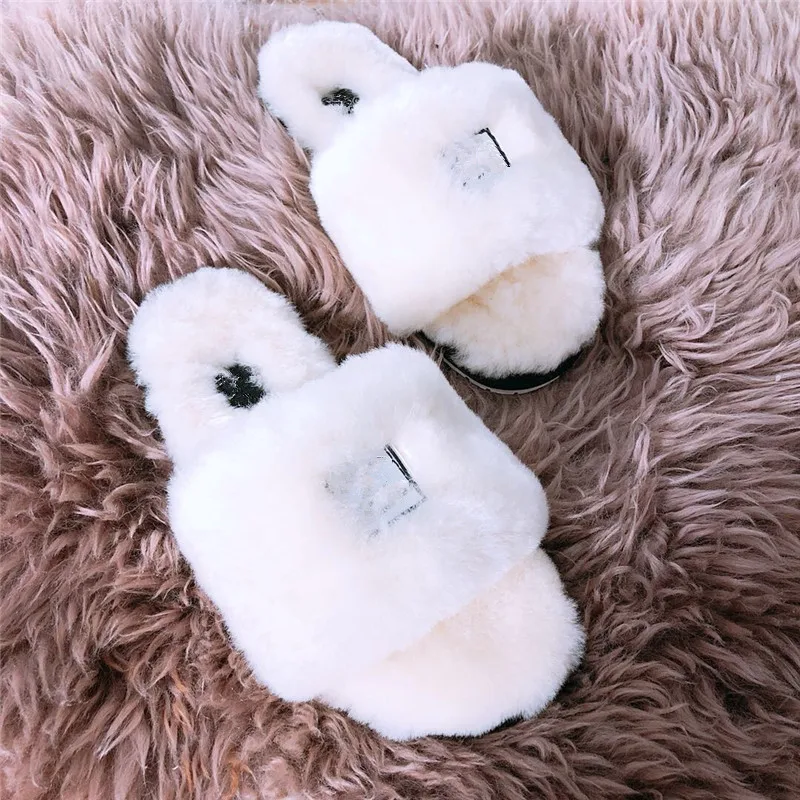 Brand Women Winter Fur Slippers Lady Fashion Sheep Leather Shoes