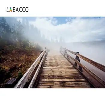 

Laeacco Old Wooden Bridge Port Mist Tree Cloudy Sky Natural Scenic Photographic Background Photography Backdrop For Photo Studio