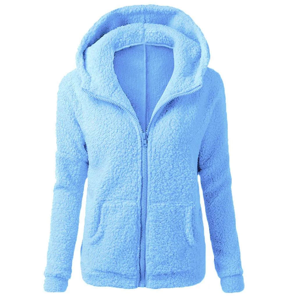 Women Solid Color Coat Thicken Soft Fleece Winter Autumn Warm Jacket Hooded Zipper Overcoat Female Fashion Casual Outwear Coat