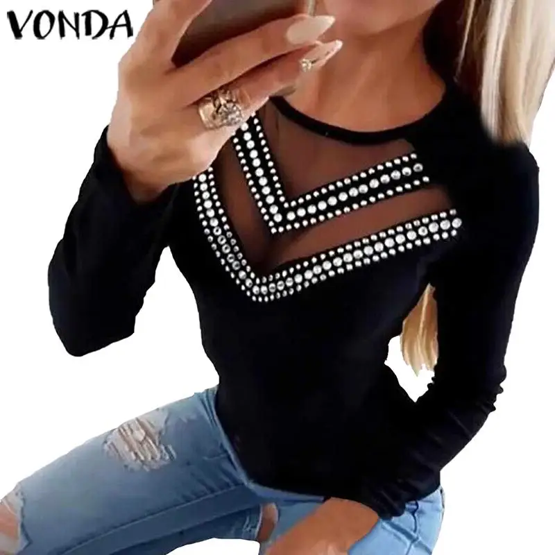 VONDA туника, Женская сетчатая блузка, топ, весна, женские вечерние топы с длинным рукавом, рубашки размера плюс, богемная блуза размера плюс - Цвет: Черный