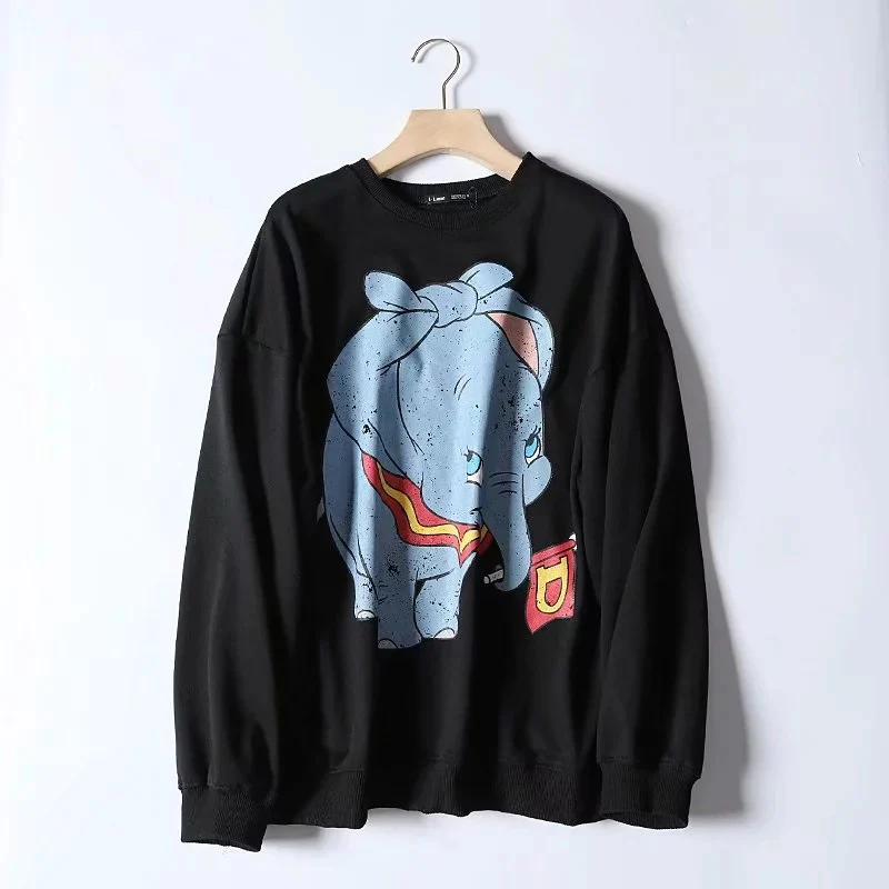 Dumbo Sweatshirt women clothing carton Elephant print autumn streetwear fashion o neck long sleeve oversize Black pullover - Цвет: Черный