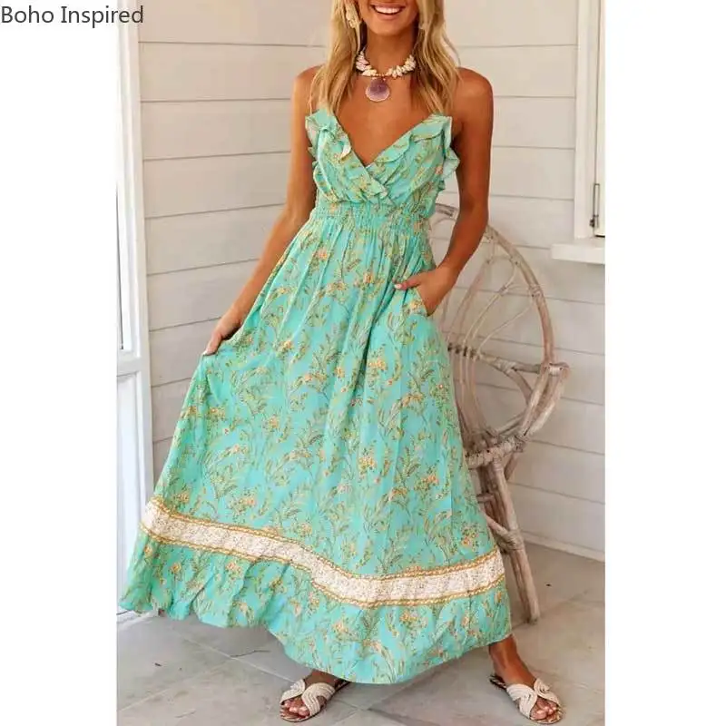 

BOHO INSPIRED green floral sleeveless long boho dress V-neck ruffle women dress elastic summer dress casual chic beach dress