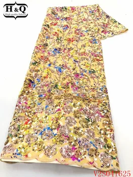 

H&Q yellow african velvet lace fabric 2020 high quality nigerian embroidery fabrics 5 yards/piece french sequins laces for dress