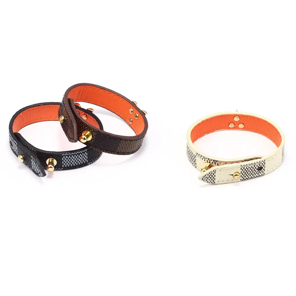 Hot Sale Grid Genuine Leather Bracelet Bangle Gold V shaped Metal Decoration Men Women Classic Charm Jewelry Gifts