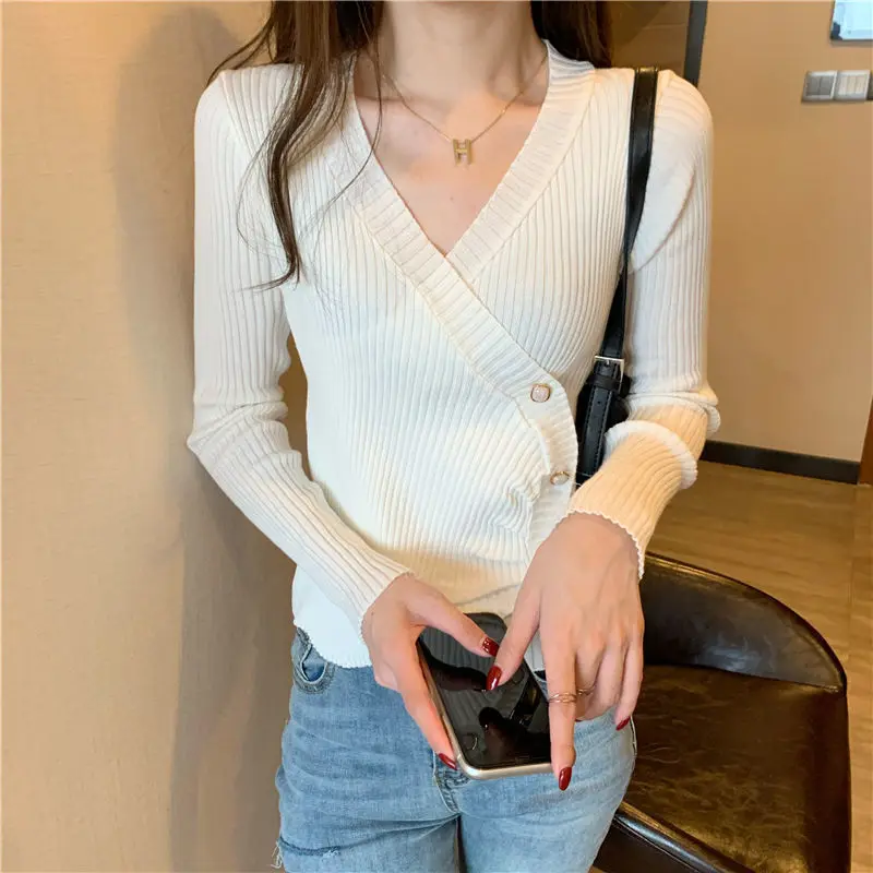 

White OL Korean V-neck Spring Pullover Knit Sweater Loose Coat Casual Cloth Girl T-shirt Tops Clothes for Women Lady Clothing