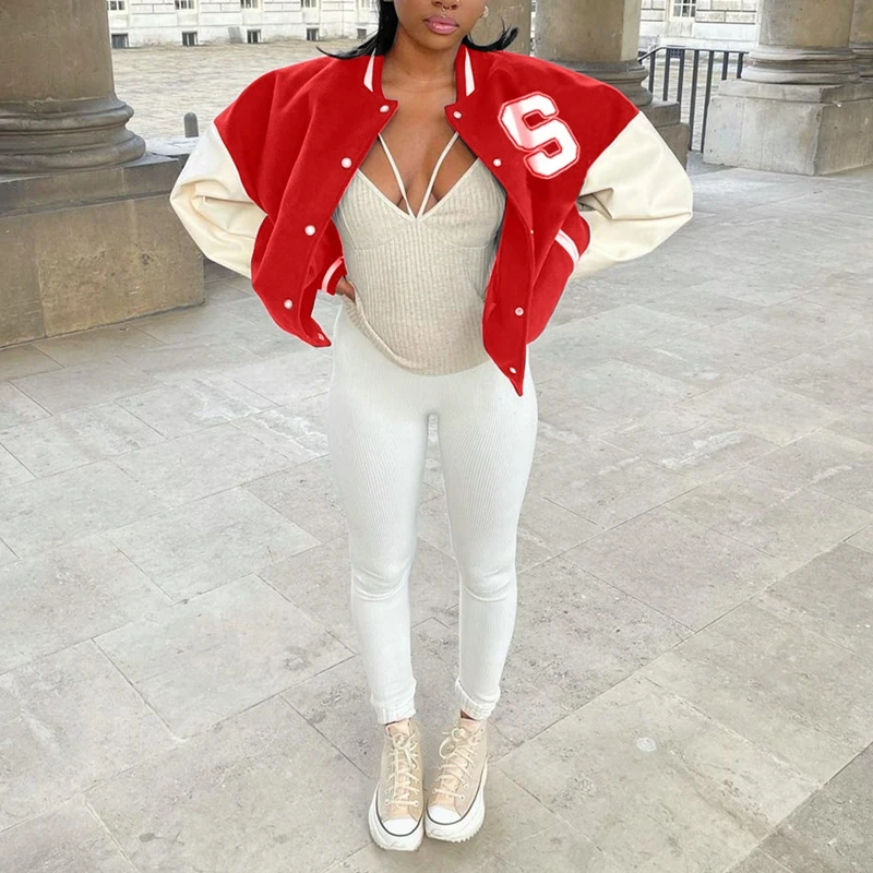 

Autumn Harajuk Faux Leather Patchwork Baseball Jacket Long Sleeve Button Varsity Bomber Coat Y2K Letter Hip Hop Women Clothes