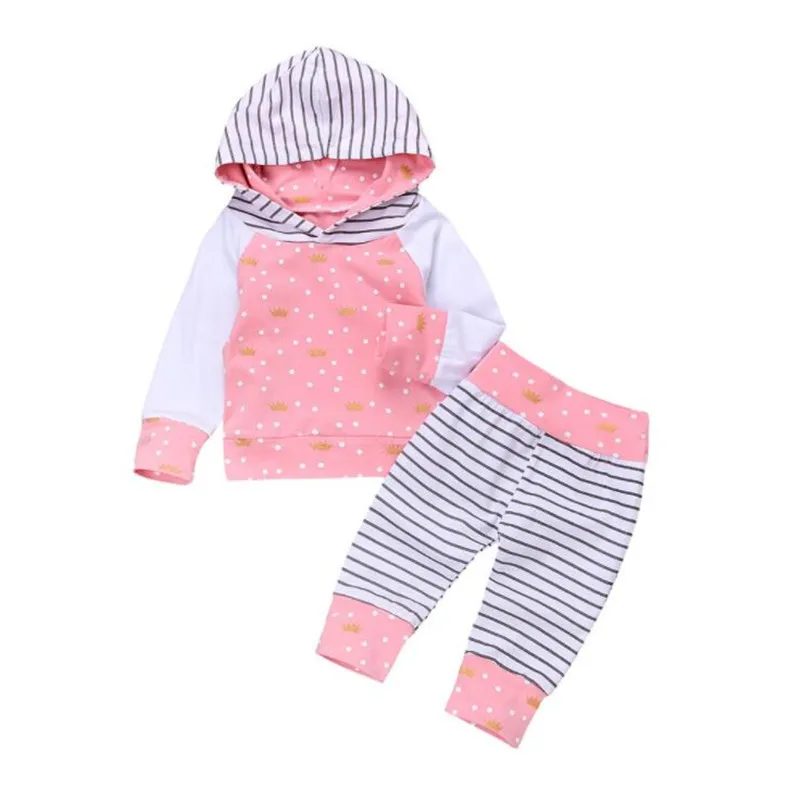 

Baby Girl Clothes Set 2019 Autumn New 'Crown Dot' Print Hooded Top + Striped Pants Two-Piece Suit For 0-24M