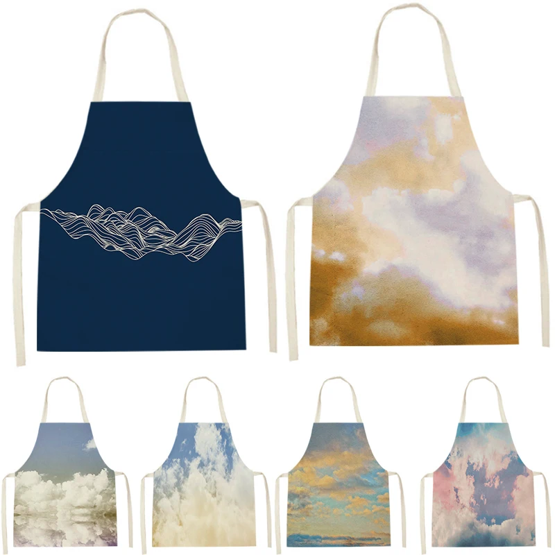 

Natural Scenery Style Apron Room Cleaning Pinafore Bib Cooking Apron Sky Printing Sleeveless Cotton Linen Aprons Home Custom Bib