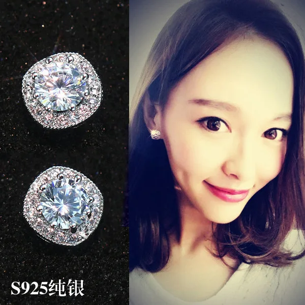 

S925 Sterling Silver Earrings Elegant Square Crystal Ear Stud Korean-style Fine Silver Accessories Anti-Allergy