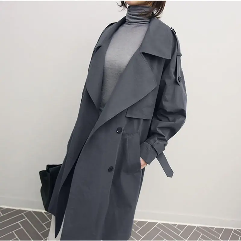 Корейская Длинная ветровка женская весна и осень новая мода повседневная темперамент свободный большой размер двубортная куртка f2625 - Цвет: gray