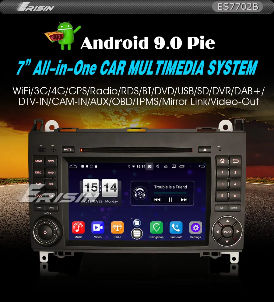Erisin ES7702B " DAB+ Радио Android 9,0 автомобильный dvd-плеер gps 4G для Mercedes A/B класс спринтер Вито виано Crafter