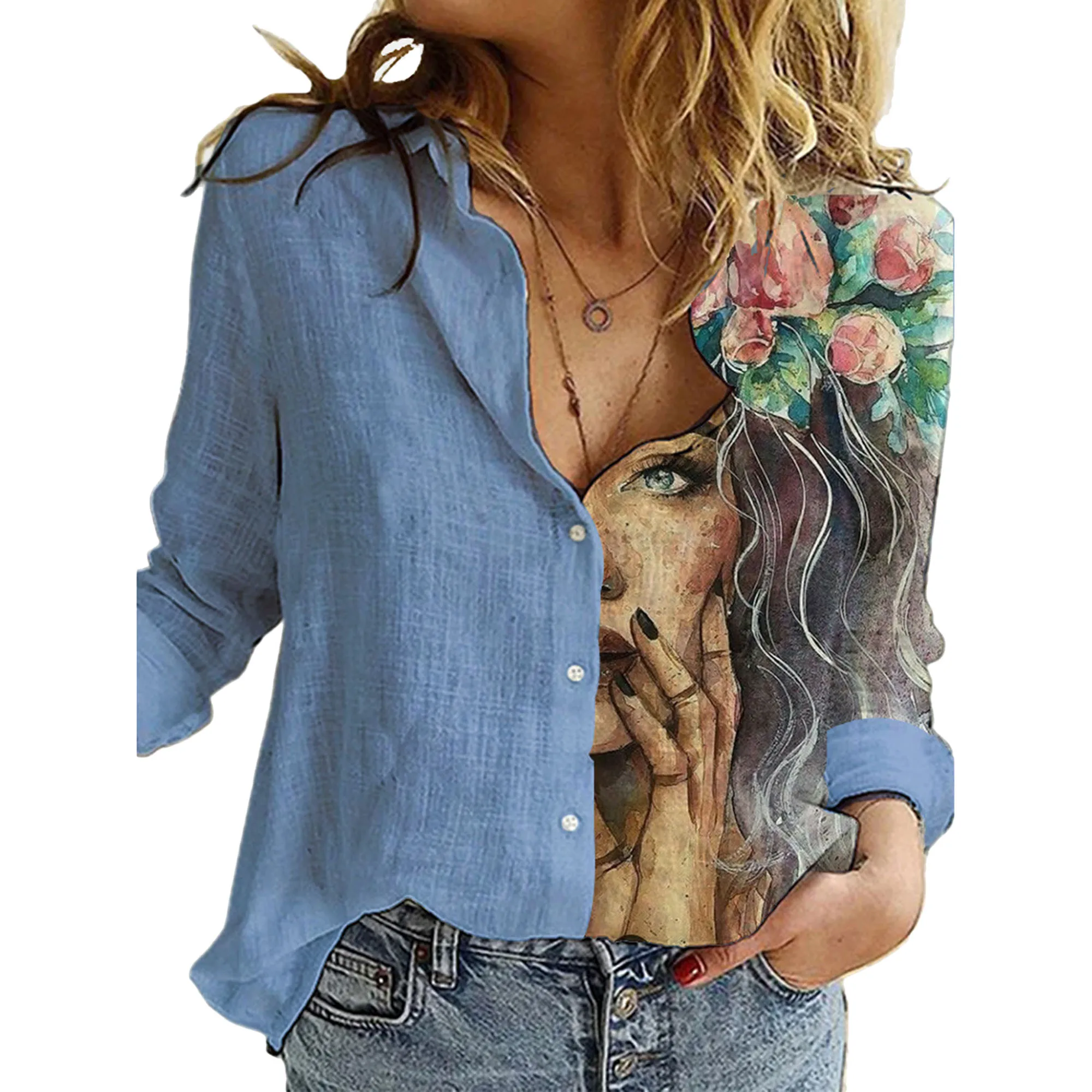 

Vintage Women Patchwork Button Blouses Autumn Sexy Floral Print Tops Casual Loose Office Ladies Shirt Femme Blusa Plus Size 3XL