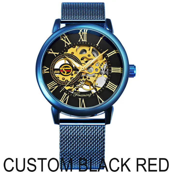 FORSINING модные повседневные механические часы для мужчин Золотой Скелет циферблат Синий Сетка мужские часы на ремне Топ бренд Роскошные наручные часы - Color: MODEL BLACK RED