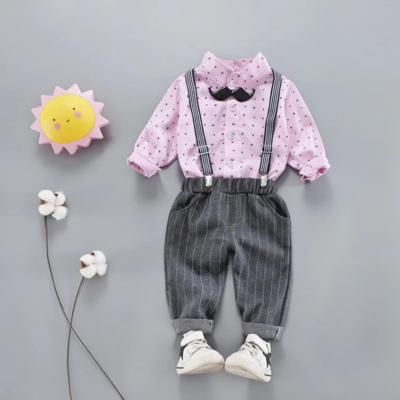 Комплект одежды для маленьких мальчиков; рубашки с длинными рукавами в джентльменском стиле; топы+ брюки на подтяжках; комплект из 2 предметов; детская одежда для мальчиков