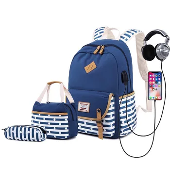

USB Charging Canvas Backpack 3 Pcs/set Women School Backpacks Schoolbag For Teenagers Girls Student Book Bag Satchel