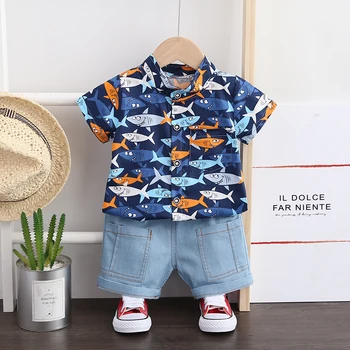 

2020 Summer Toddler Infant Clothing Sets Baby Boys Full Print Fish Shirt Shorts Children Vacation Casual Clothes