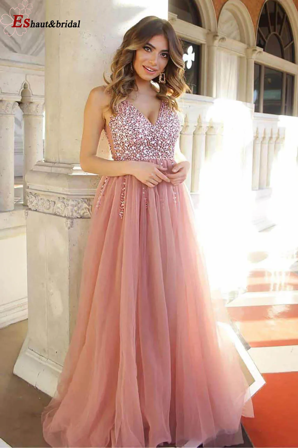 

2019 In Stock Blush Beads Handmade Side Slit Prom Dress Long V-neck Aline Tuttle Backless Evening Party Gown