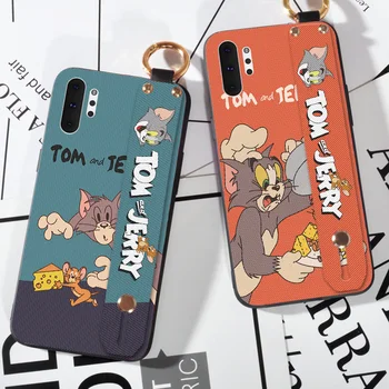 

Cartoon Animals Wrist Strap Case For Samsung Galaxy Note 8 9 10 Pro S8 S9 S10 Plus S10E 5G Cat and mouse Soft Silicone Cover