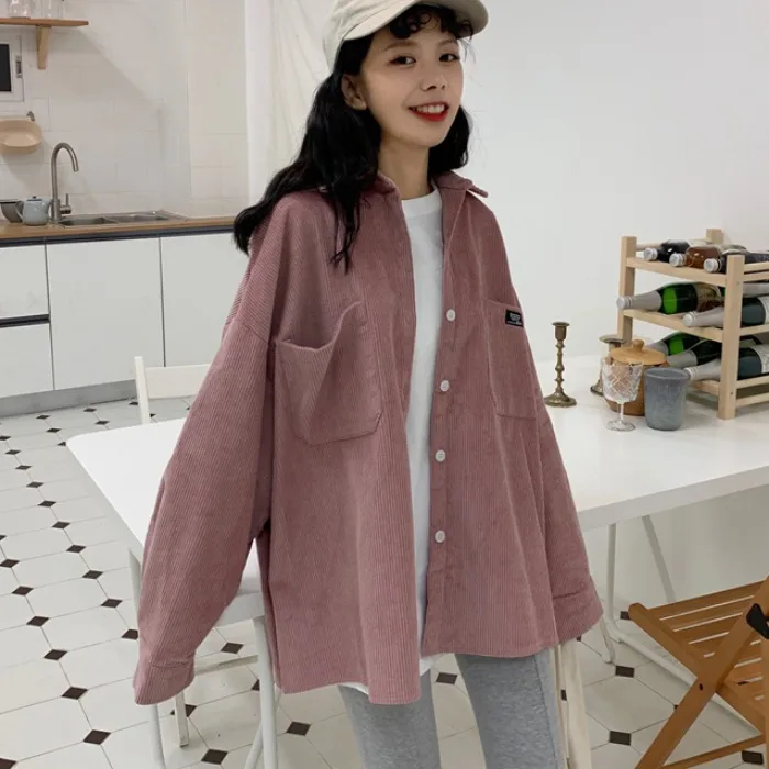 

Women's Clothing plus size pockets spring autumn turn-down collar streetwear casual style long sleeve Corduroy Coats Jackets