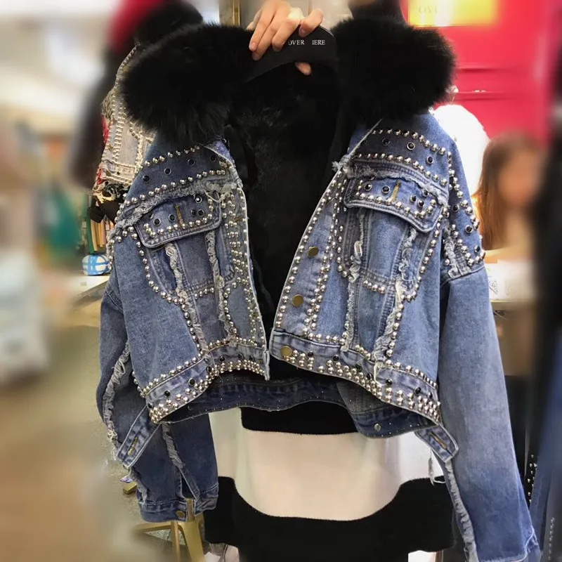 New  Real Fur Jacket Women 2019 Winter Coat New Real Fox Fur Collar + Real Rabbit Fur Inner Rivet Plus T