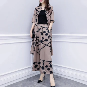 

Large Size Single-breasted Short-sleeved Cardigan Shirt Female Printed Loose Nine-point Wide-leg Pants Women's Suit 2020 Summer