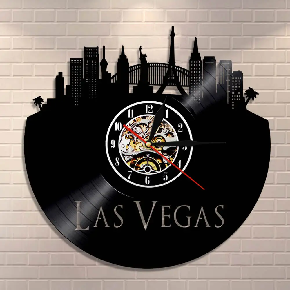 

City Of Gambling Las Vegas Skyline Wall Clock Las Vegas Cityscape Home Decor Nevada Architecture Vintage Vinyl Record Wall Clock