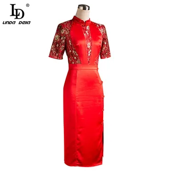 

LD LINDA DELLA Summer Runway Designer Red Dress Women Lace Short sleeve Floral Embroidery Button Vintage Ladies Midi Dresses