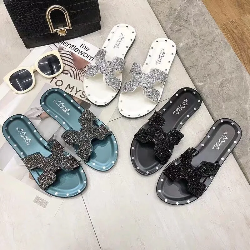 

Summer New Style Network Red Diamond Fashion Sandals Fairy Sandals A- line Flat Lazy Retro Outer Wear Slipper