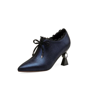 

Sexy Women High Heels Pumps Quality Sheepskin bowties Pointed Toe Spring Autumn Shoes Woman Ladies Retro Office Pumps