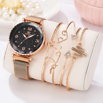 

5pcs Set Women Watches Starry Sky Female Watches Magnet Buckle Mesh Belt Quartz Wrist Watch Clock reloj mujer relogio feminino