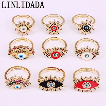 

12Pcs Gold Color Enamel Cz Eye Finger Rings Vintage Open Jewelry Accessories Ring For Women