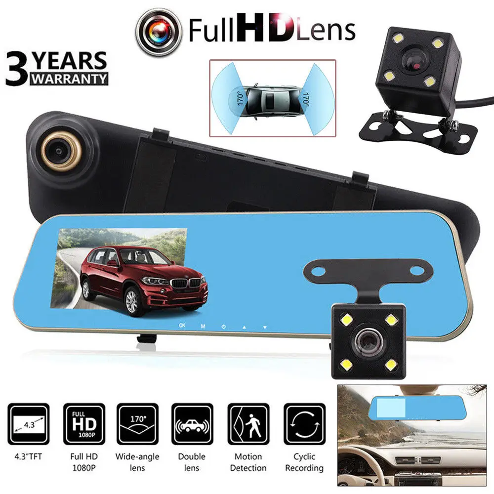 

50Hz/60Hz 1080P dual lens car DVR rearview mirror camera dash cam recorder with 4.3 inches high-definition digital screen