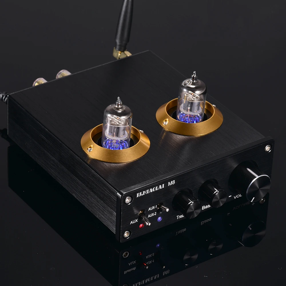 Алюминиевый Сплав Мини HiFi цифровой аудио усилитель стереоусилитель двойные вакуумные трубки BT AUX входы тройные басы управления 100 Вт(50 Вт* 2