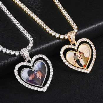 

Hip Hop Custom Made Photo Heart Rotating Double-sided Iced Out Bling Cubic Zircon Necklace&Pendant For Men Jewelry Tennis Chain