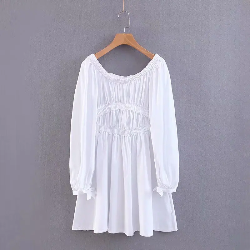 

2019 Spring And Summer Pullover Horizontal Neck Bubble Long Sleeve Elastic Waist Pleated Solid Color Dress A- line Skirt Women's
