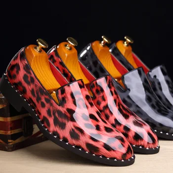 

M- Newest England fashion leopard casual trend wild men's bright leather pointed shoes a pedal youth adult wear shoes
