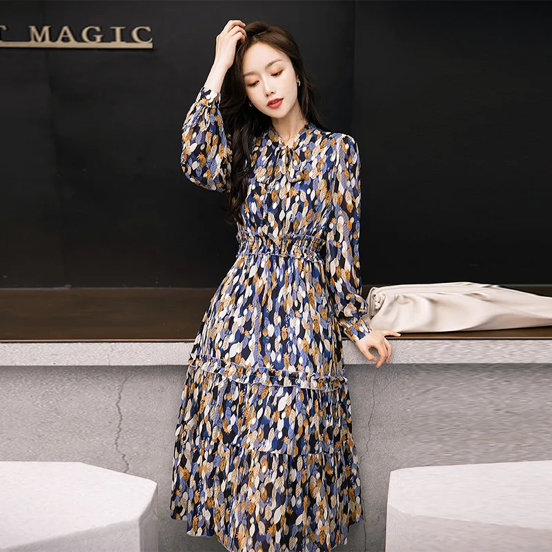 

Sweet Elegant Fashion Elegant Trend Dress 2020 Spring Bow Chiffon Floral-Print Mid-length Skirt