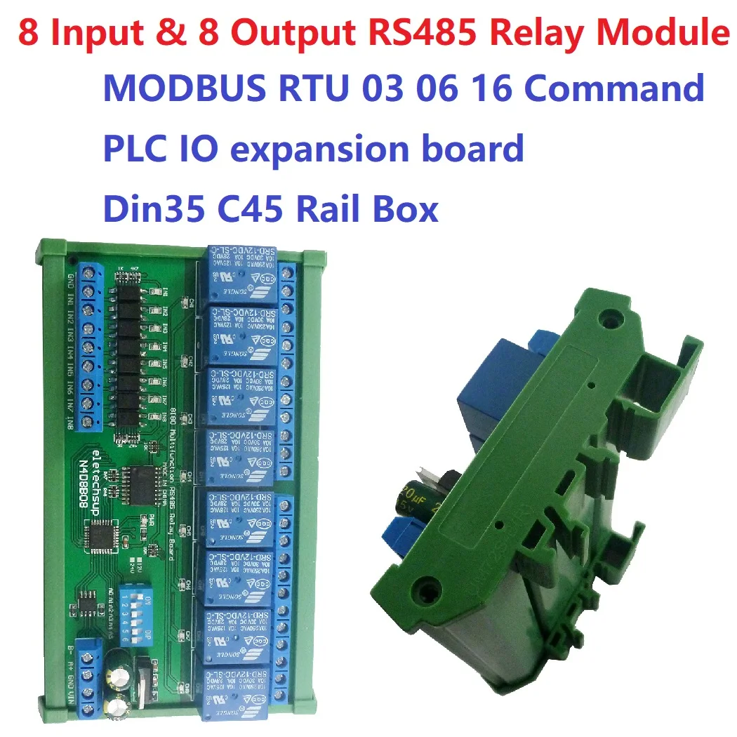 

N4D8B08 DC 12V 24V 8 Isolated Input &Amp 8 Output DIN35 C45 Rail Box UART RS485 Relay Module Modbus RTU Control Switch Board